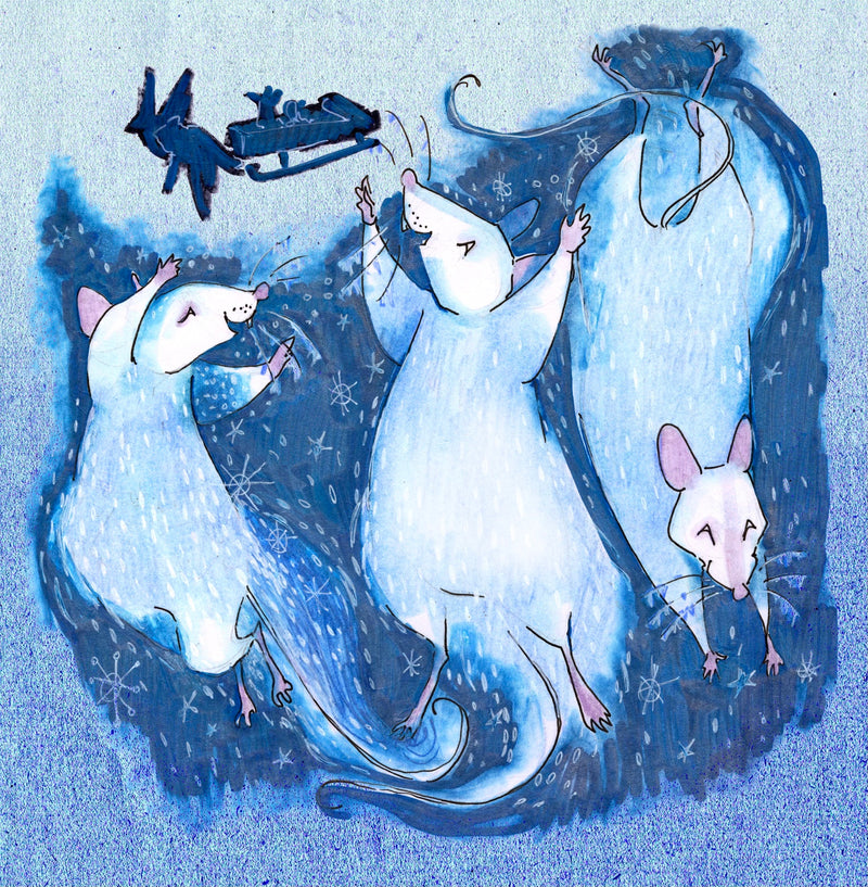Illustration of happy mice dancing in a winter scene