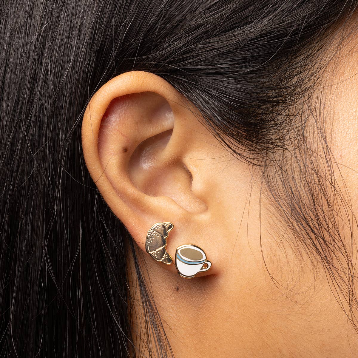 Croissant & Coffee Earrings | Mismatched Gold Studs