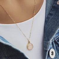 Rose Quartz Small Circle Pendant Gold Necklace