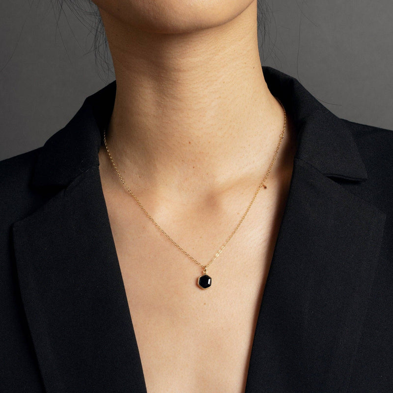 Black Onyx Dainty Hexagon Gold Pendant Necklace