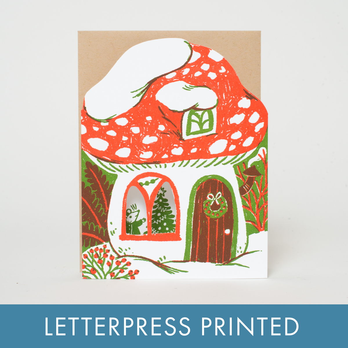 Merry Mushroom House Letterpress Holiday Greeting Card by Phoebe Wahl