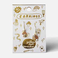 Magic Mushroom Gold Drop Earrings | Psychedelic 70s Jewelry