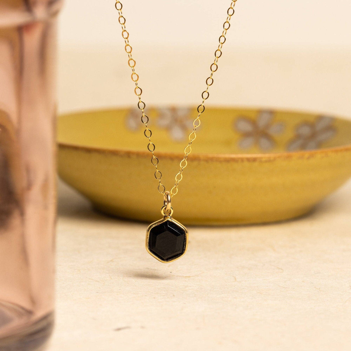 Black Onyx Dainty Hexagon Gold Pendant Necklace