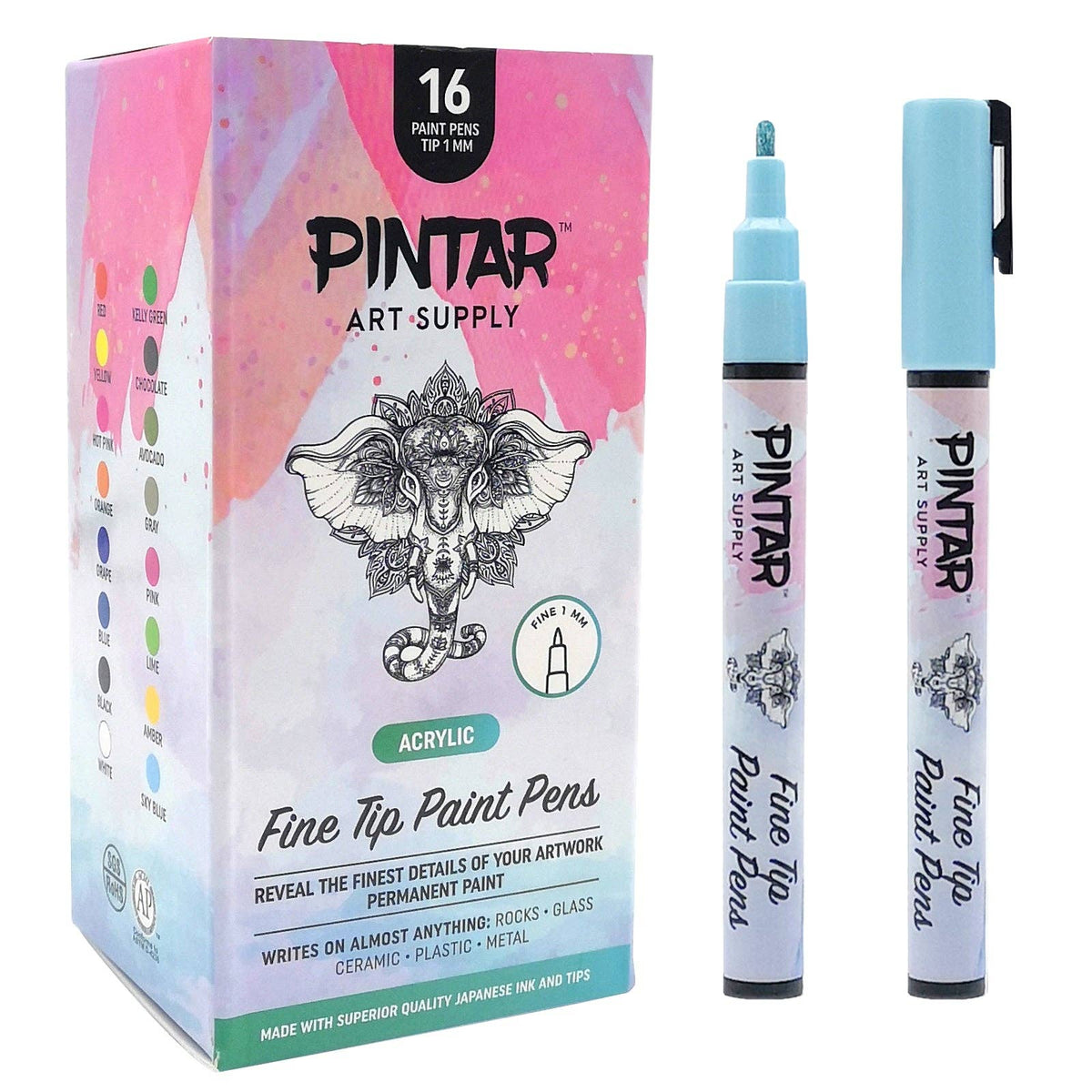 PINTAR Premium Acrylic Paint Pens - 1mm Fine Tip Pens For Rock Painting, Ceramic Glass, Wood, Paper, Fabric & Porcelain, Water Resistant Paint Set, Surface Pen, Craft Supplies, DIY Project (16 colours)
