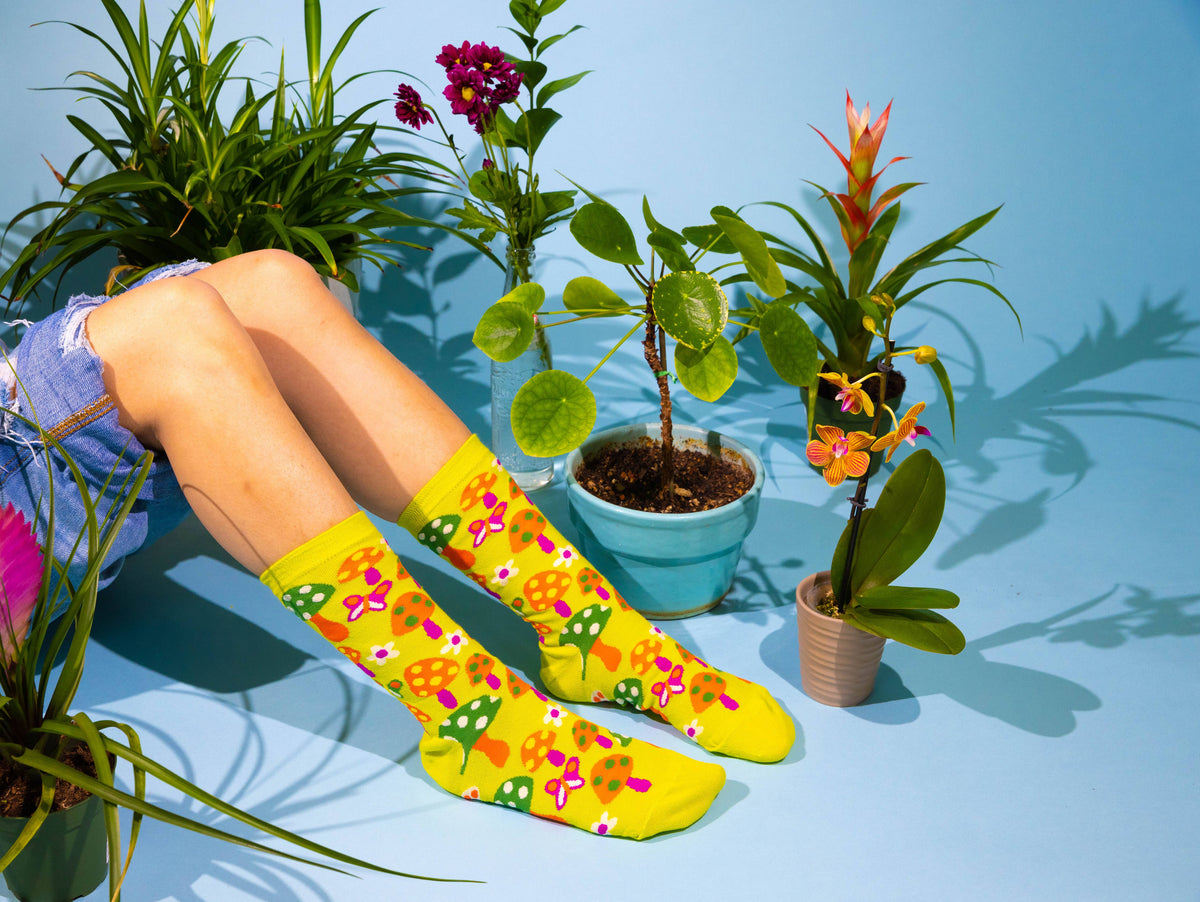 Mushroom Butterfly Crew Socks | Retro 70s Gift | Small