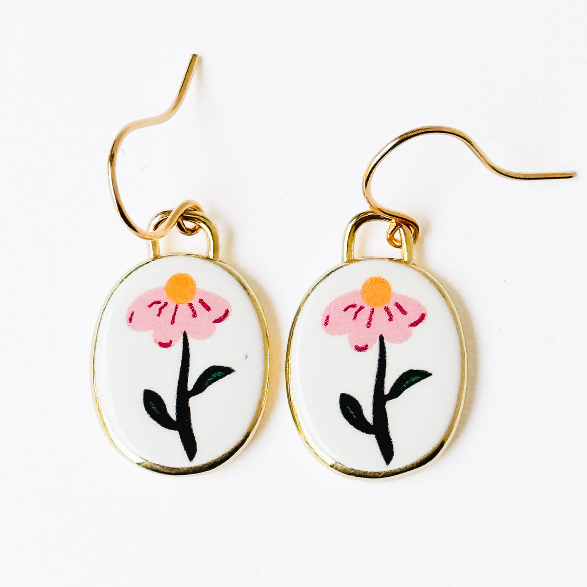 Botanical Folk Art Flower Earrings Gold Plated