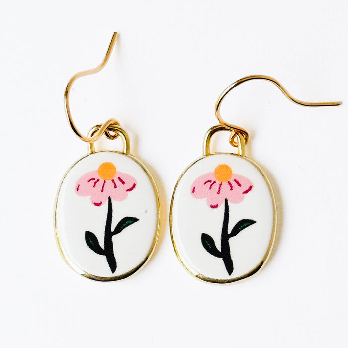 Botanical Folk Art Flower Earrings Gold Plated
