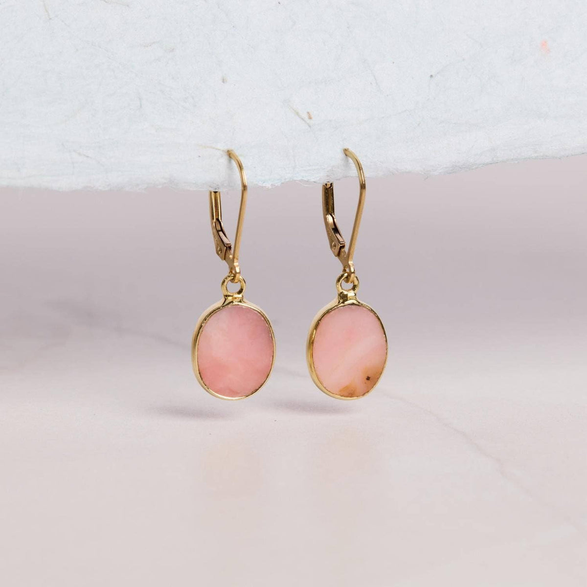 October Birthstone Pink Opal Gold Oval Gemstone Earrings / Soul & Little Rose