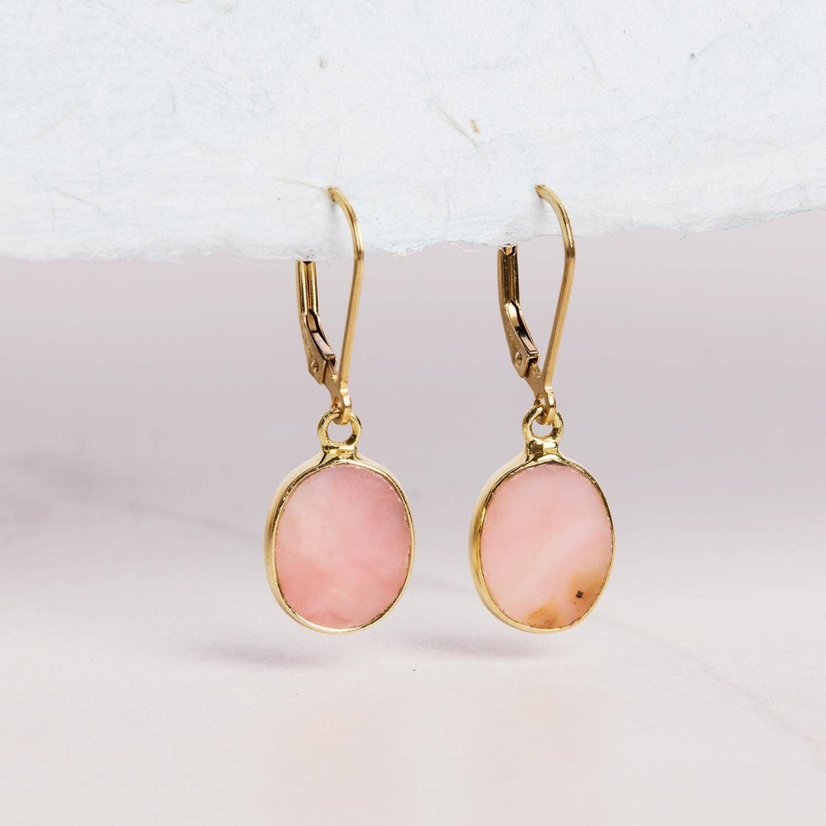 October Birthstone Pink Opal Gold Oval Gemstone Earrings / Soul & Little Rose