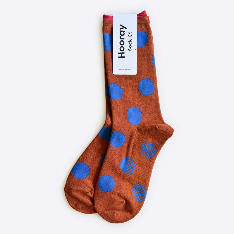 Panhandle Polka Dot Crew Socks, Brown and Blue