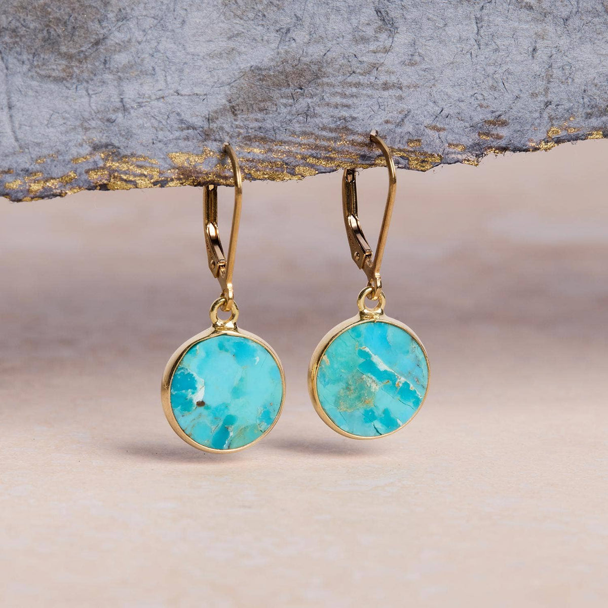 December Birthstone Earrings - Genuine Turquoise Circle Leverback 14k Gold Filled / Soul & Little Rose