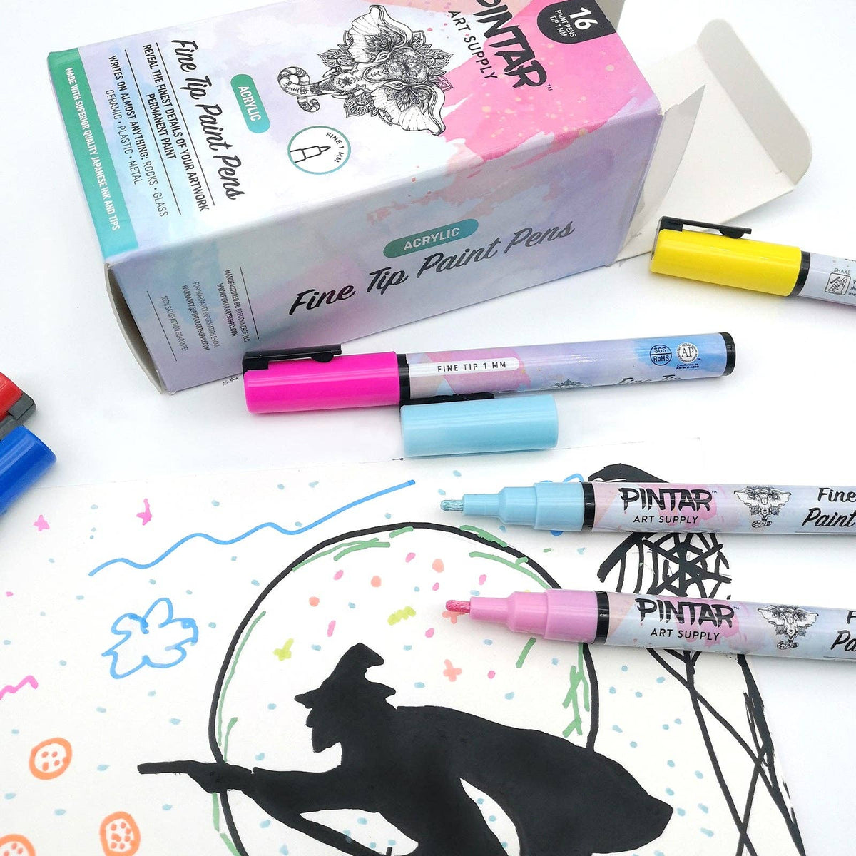 PINTAR Premium Acrylic Paint Pens - 1mm Fine Tip Pens For Rock Painting, Ceramic Glass, Wood, Paper, Fabric & Porcelain, Water Resistant Paint Set, Surface Pen, Craft Supplies, DIY Project (16 colours)