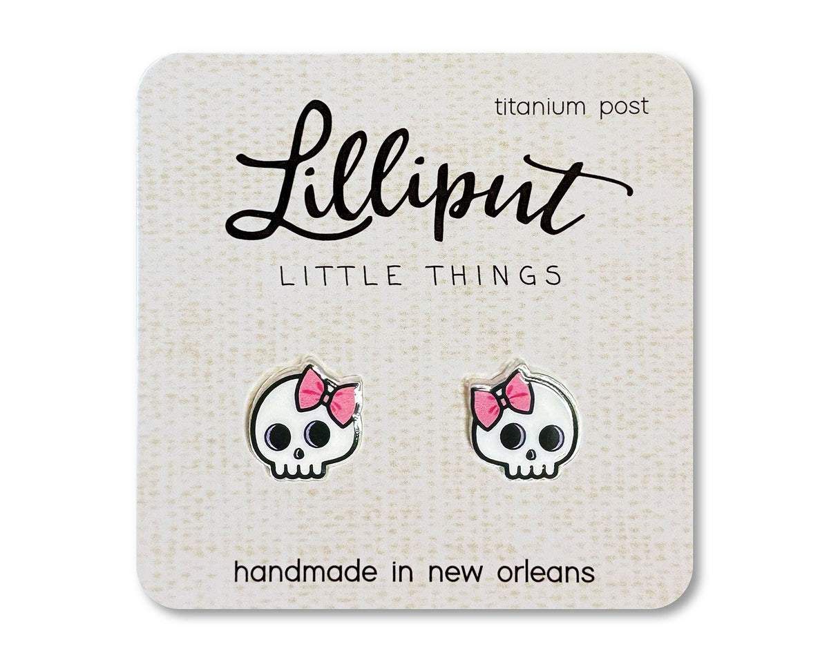 Cute Skull w/ Pink Bow Earrings / Lilliput