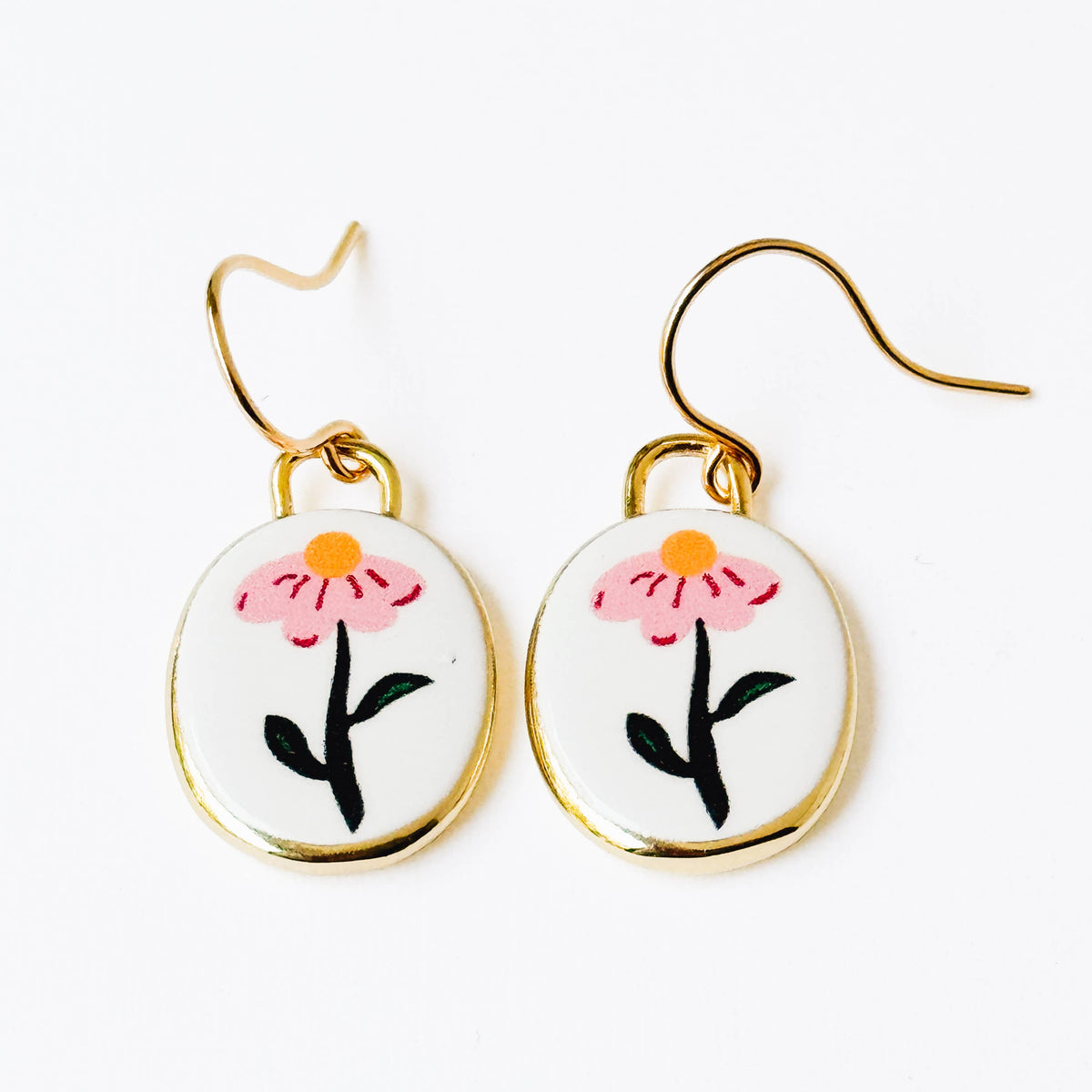 Botanical Folk Art Flower Earrings Gold Plated