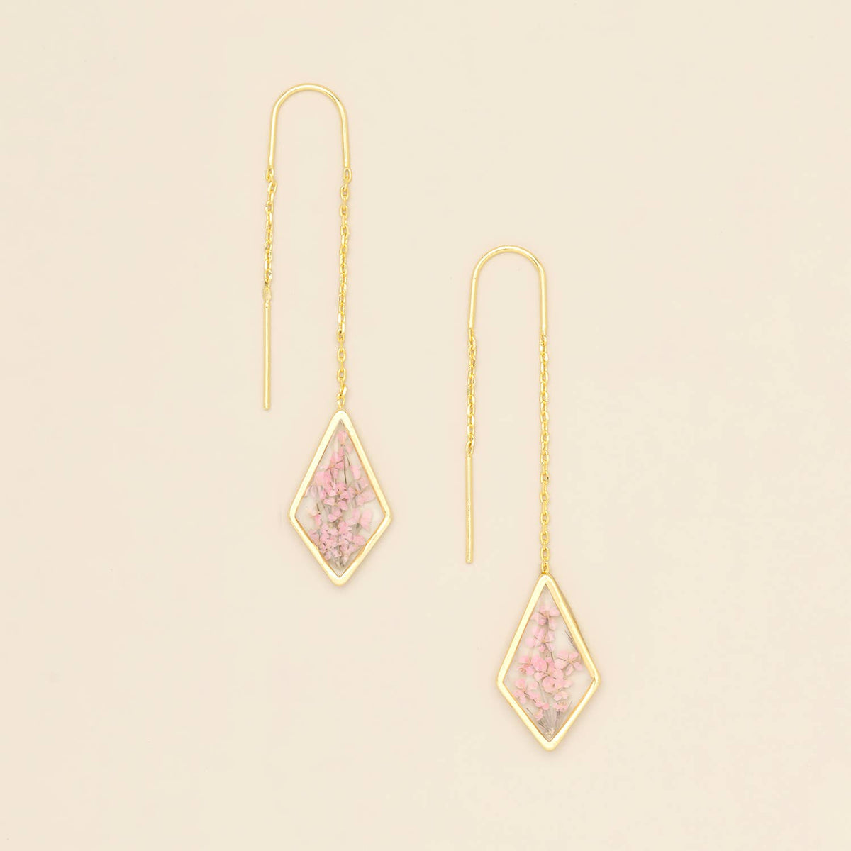 Pressed Flower Thread Earring - Pink Lace Flower/Gold / Scout