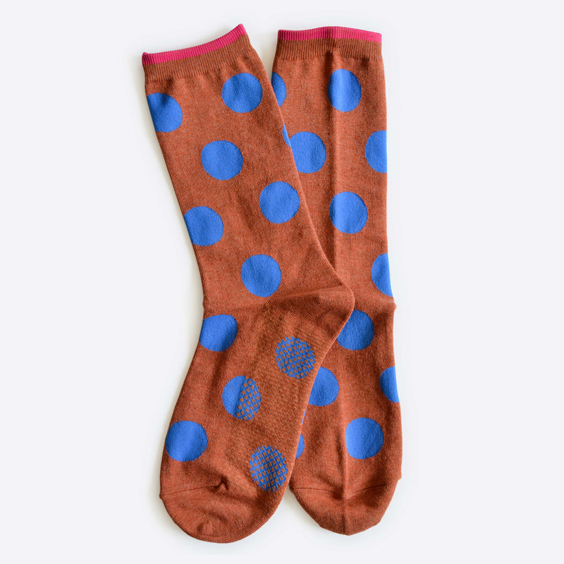 Panhandle Polka Dot Crew Socks, Brown and Blue