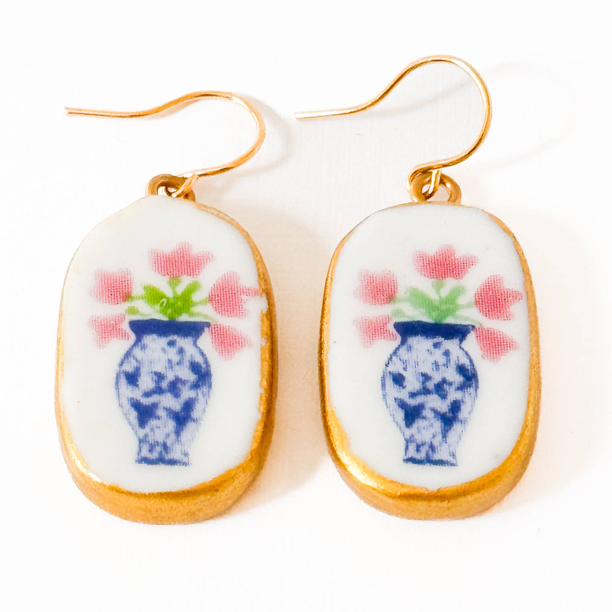 Ceramic Floral Vase Earrings Gold Plated Blue White