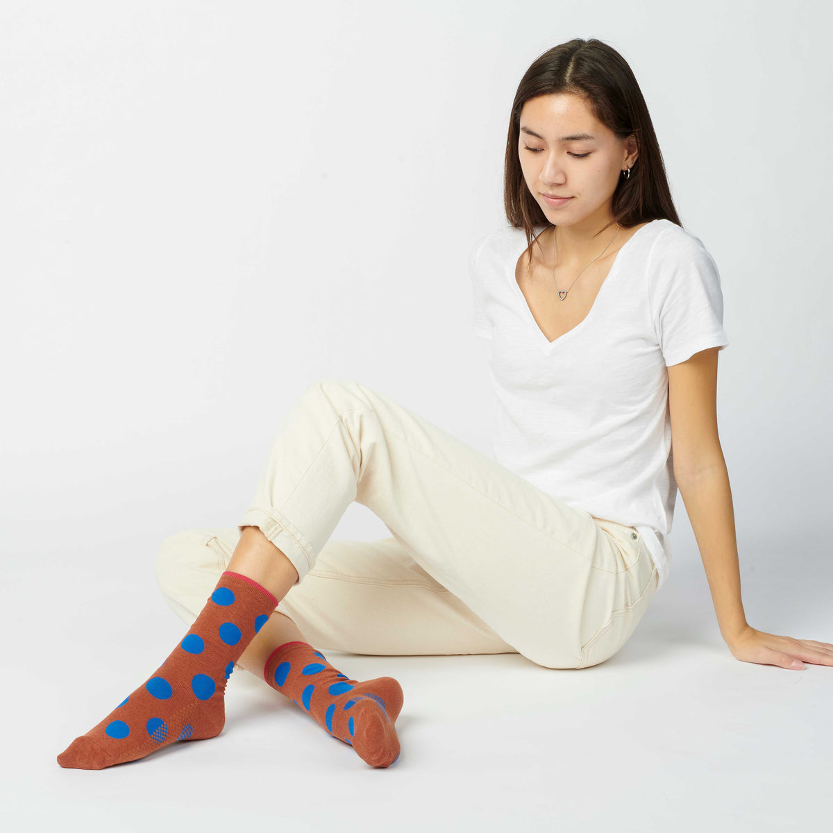 Panhandle Polka Dot Crew Socks, Brown and Blue