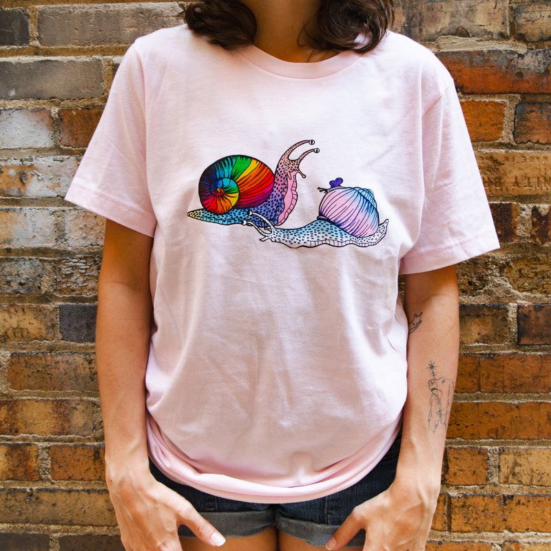 Snail Family - Unisex Short Sleeved T-Shirt - Designed by Sadie Rothenberg - Pink