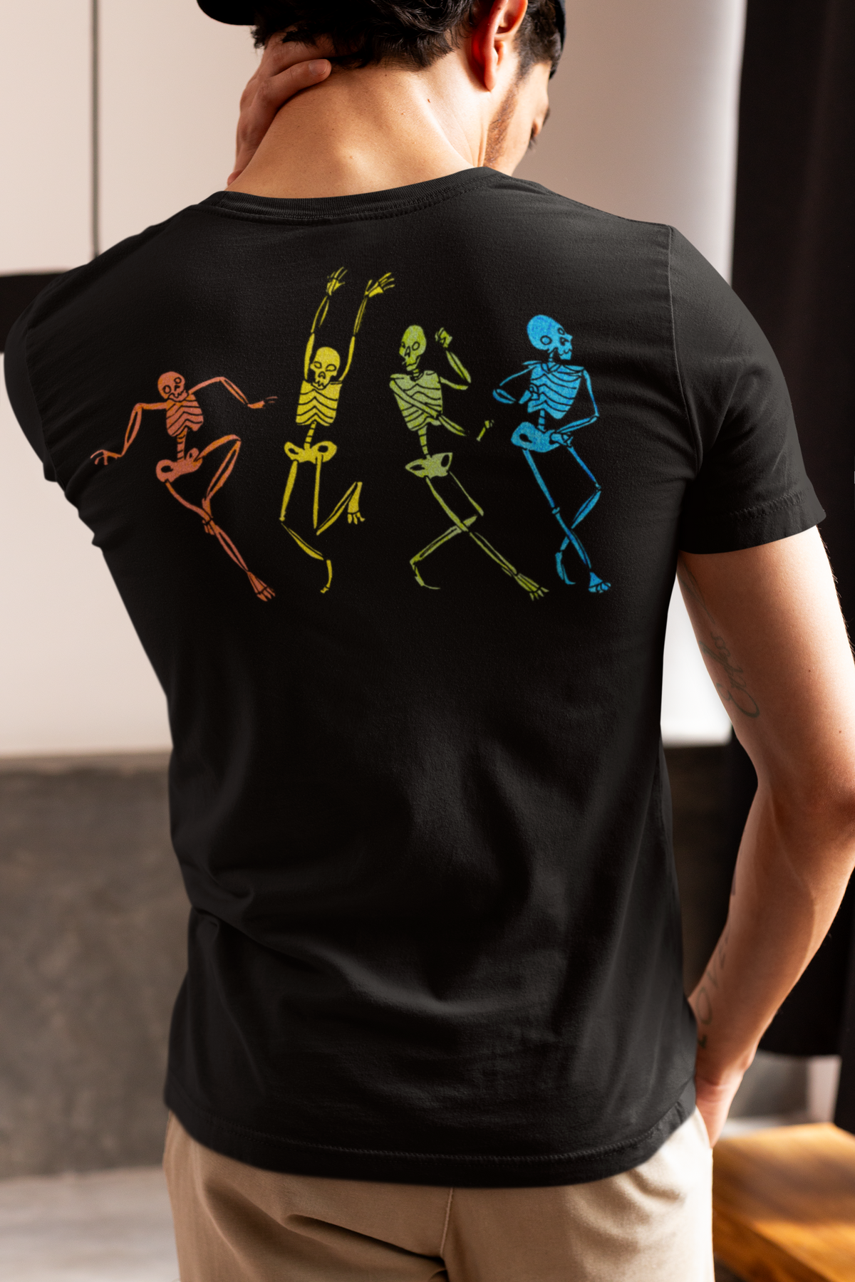 Skeleton Rainbow Dance - Black Cotton T-shirt