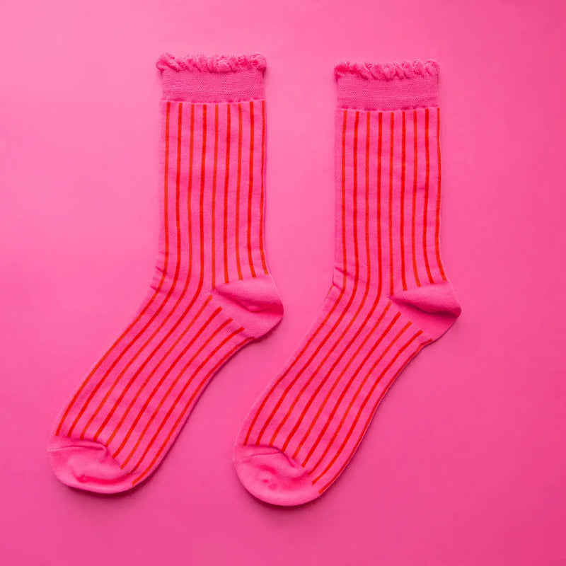 Holiday Striped Crew Socks Fushia