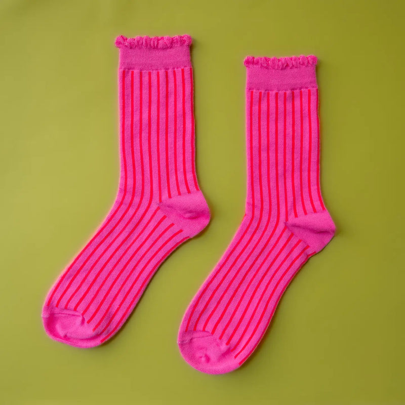 Holiday Striped Crew Socks Fushia