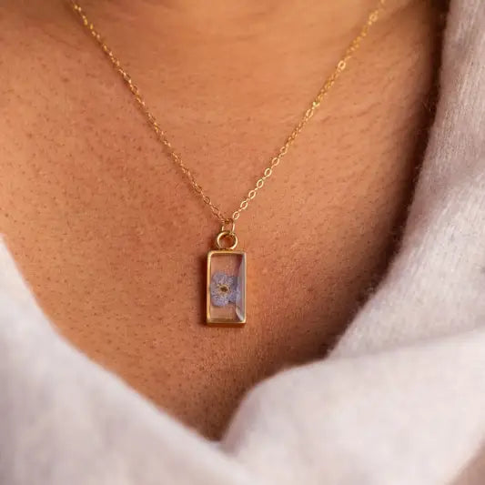 Rectangular Forget-Me-Not Necklace Blue Flower in Gold by Lace & Pearls Jewelry