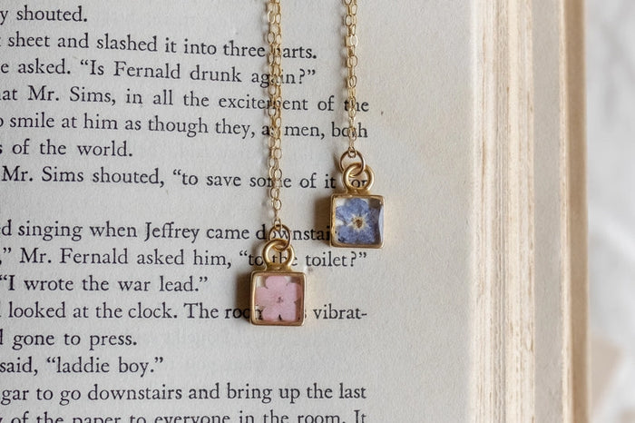 Square Forget-Me-Not Necklace Pink Flower in Gold by Lace & Pearls Jewelry