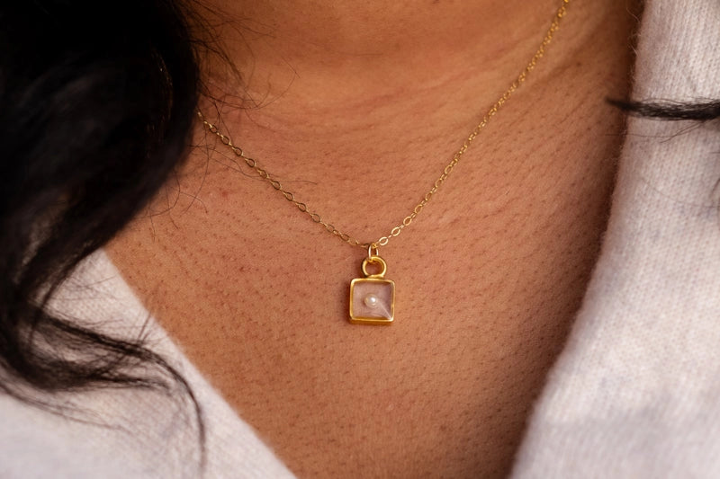 Square Forget-Me-Not Necklace Pink Flower in Gold by Lace & Pearls Jewelry