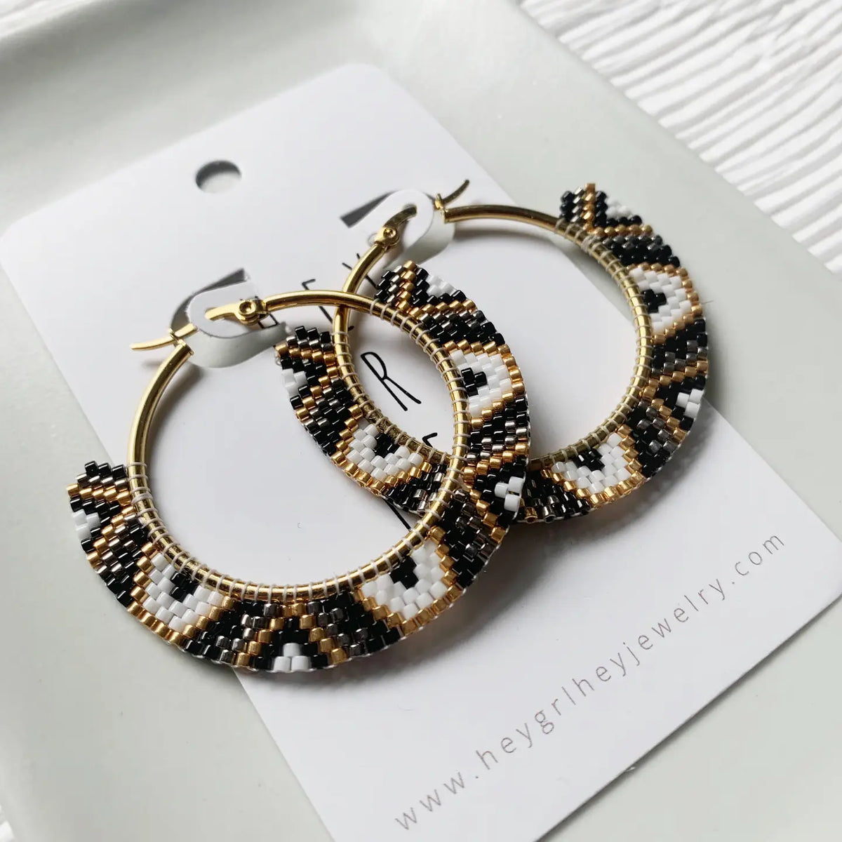 Beaded Hoop Earring in Black White & Gold