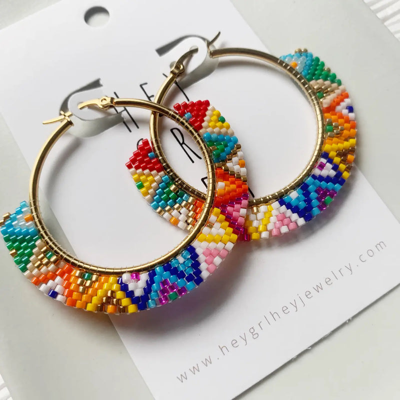 Beaded Hoop Earrings - Rainbow