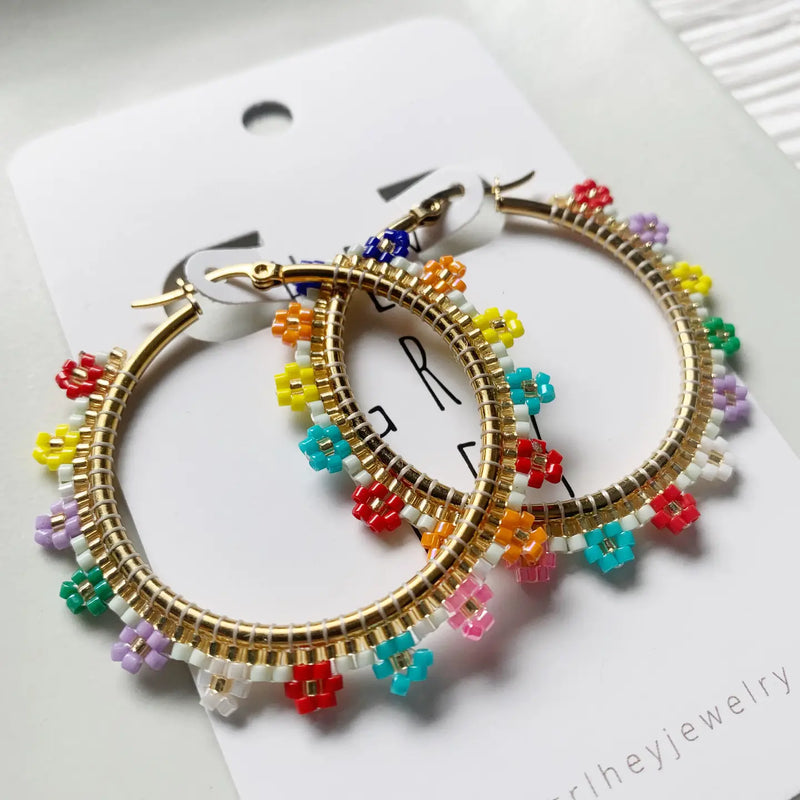 Beaded Hoop Earrings - Flowers