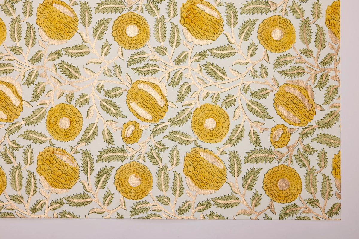 Block Printed Wrapping Paper Sheets - Marigold Glitz Bluestone