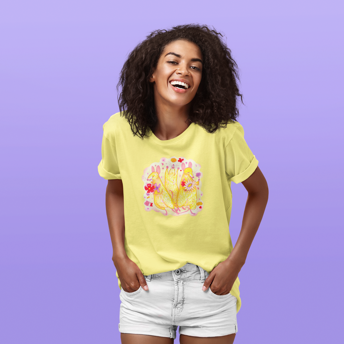 Happy Mice - Unisex Short Sleeve T-Shirt - Designed by Sadie Rothenberg - Yellow