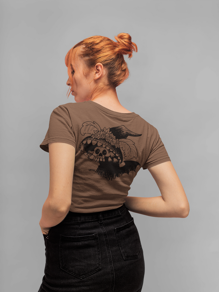 2 Spooky Catrina - Design on Back / Brown - Unisex Short Sleeve T-Shirt - by Sadie Rothenberg