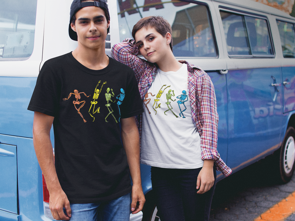 Skelly Rainbow Dance Unisex Jersey Short Sleeve Tee - Designed by Sadie Rothenberg (White or Brown)