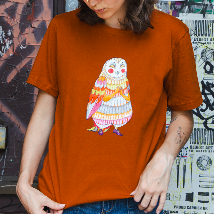 Owl Lady - Unisex Short Sleeved T-Shirt - Designed by Sadie Rothenberg - Burnt Orange