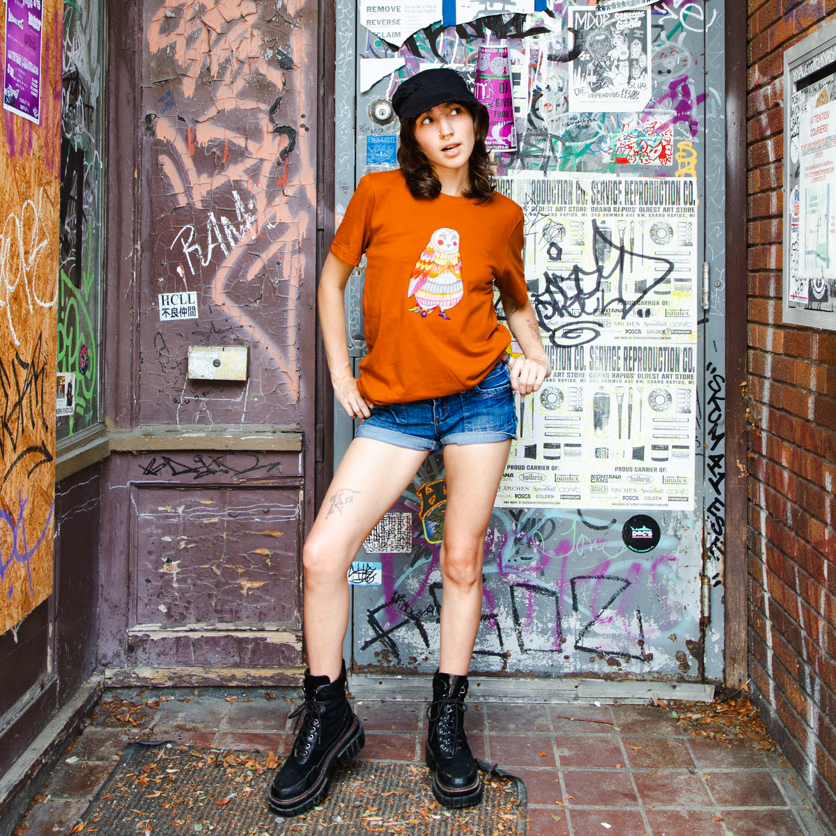 Owl Lady - Unisex Short Sleeved T-Shirt - Designed by Sadie Rothenberg - Burnt Orange
