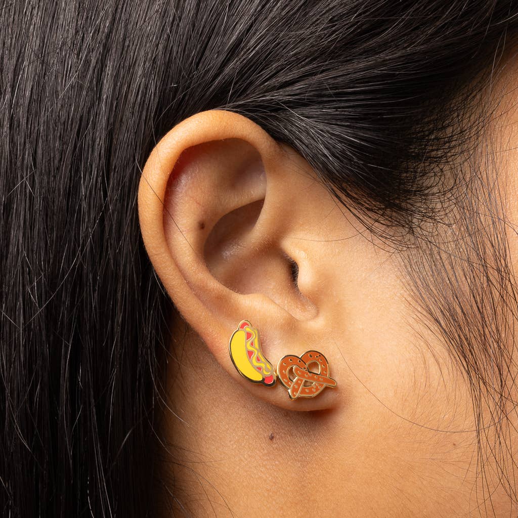 Hot Dog & Pretzel Post Earrings | Mismatched Gold Studs