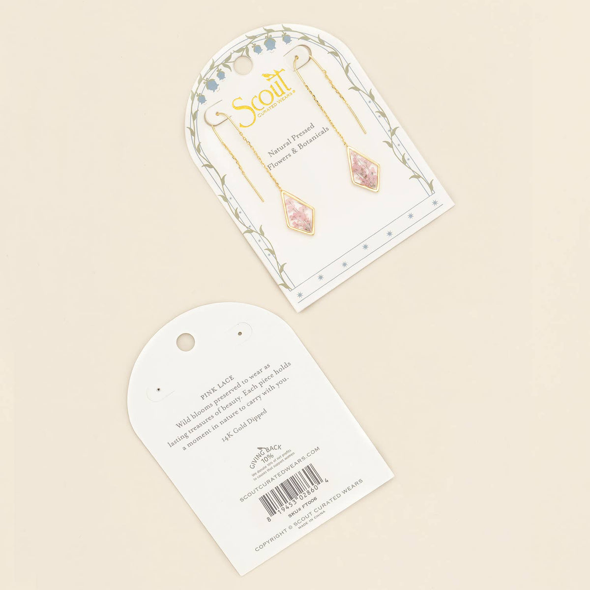 Pressed Flower Thread Earring - Pink Lace Flower/Gold / Scout