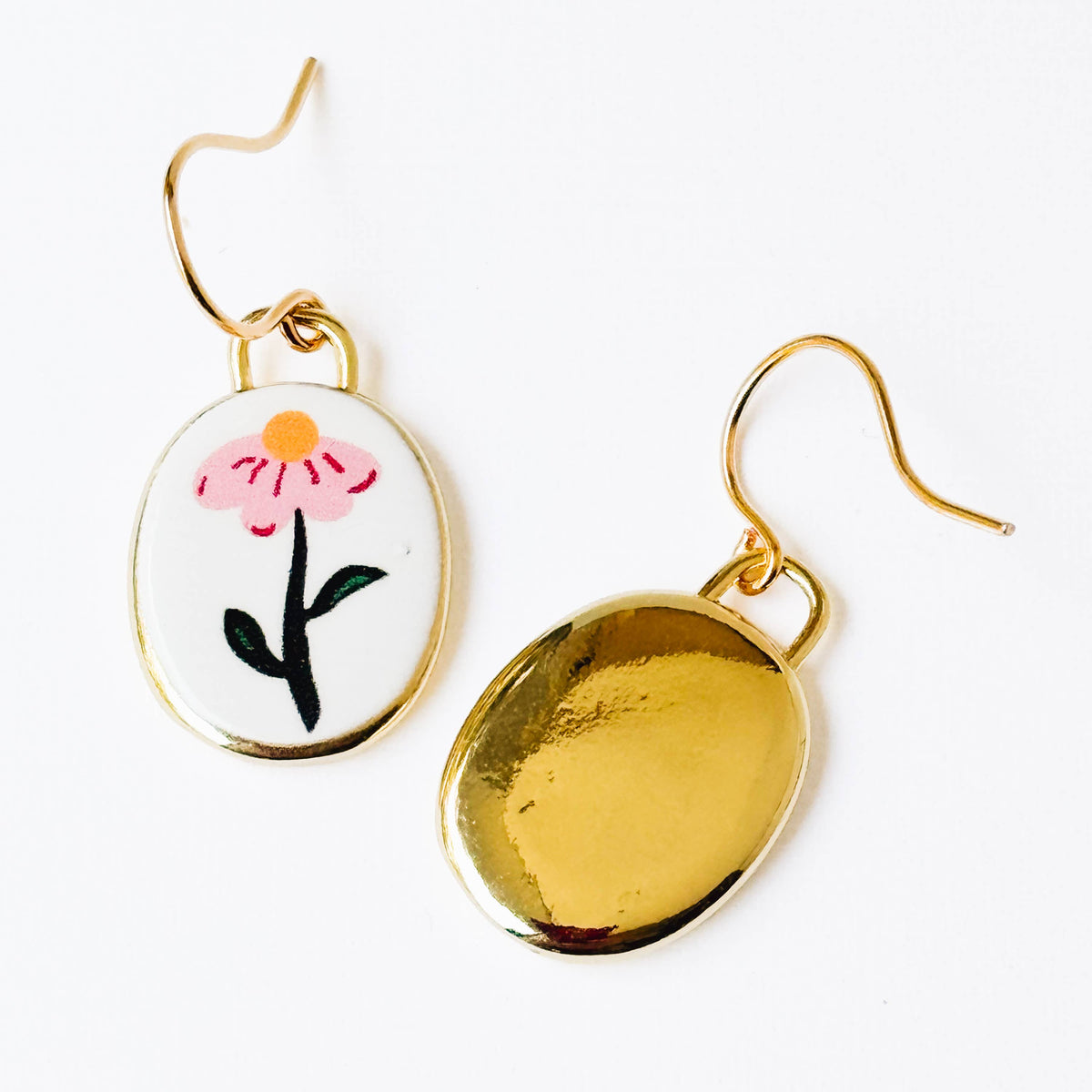 Botanical Folk Art Flower Earrings Gold Plated