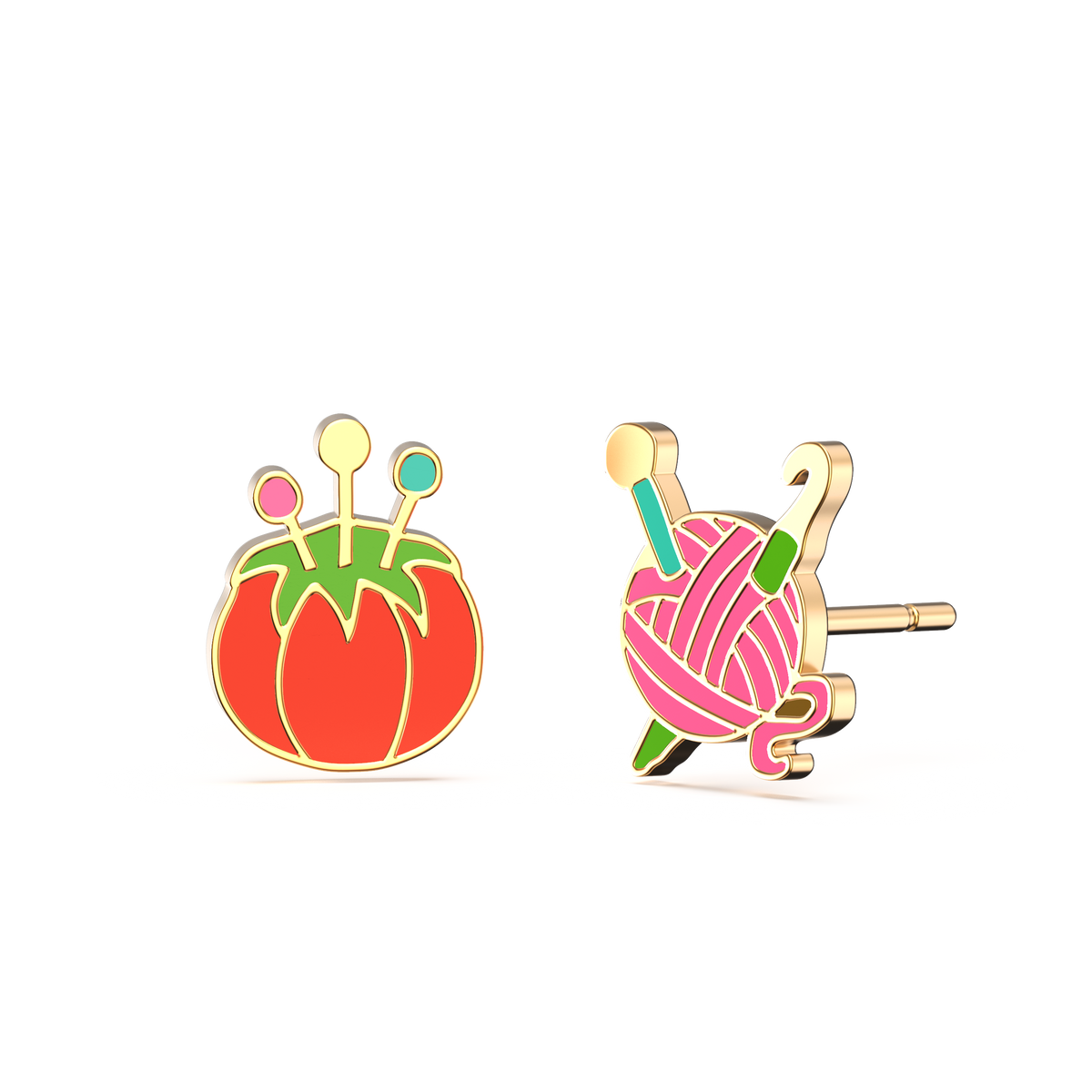 Tomato Pincushion & Yarn Earrings | Mismatched Gold Studs