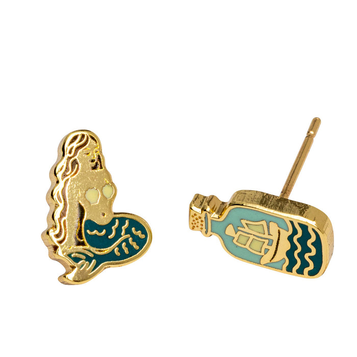 Mermaid & Bottle Earrings | Mismatched Gold Studs
