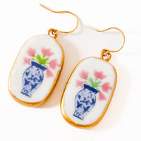 Ceramic Floral Vase Earrings Gold Plated Blue White