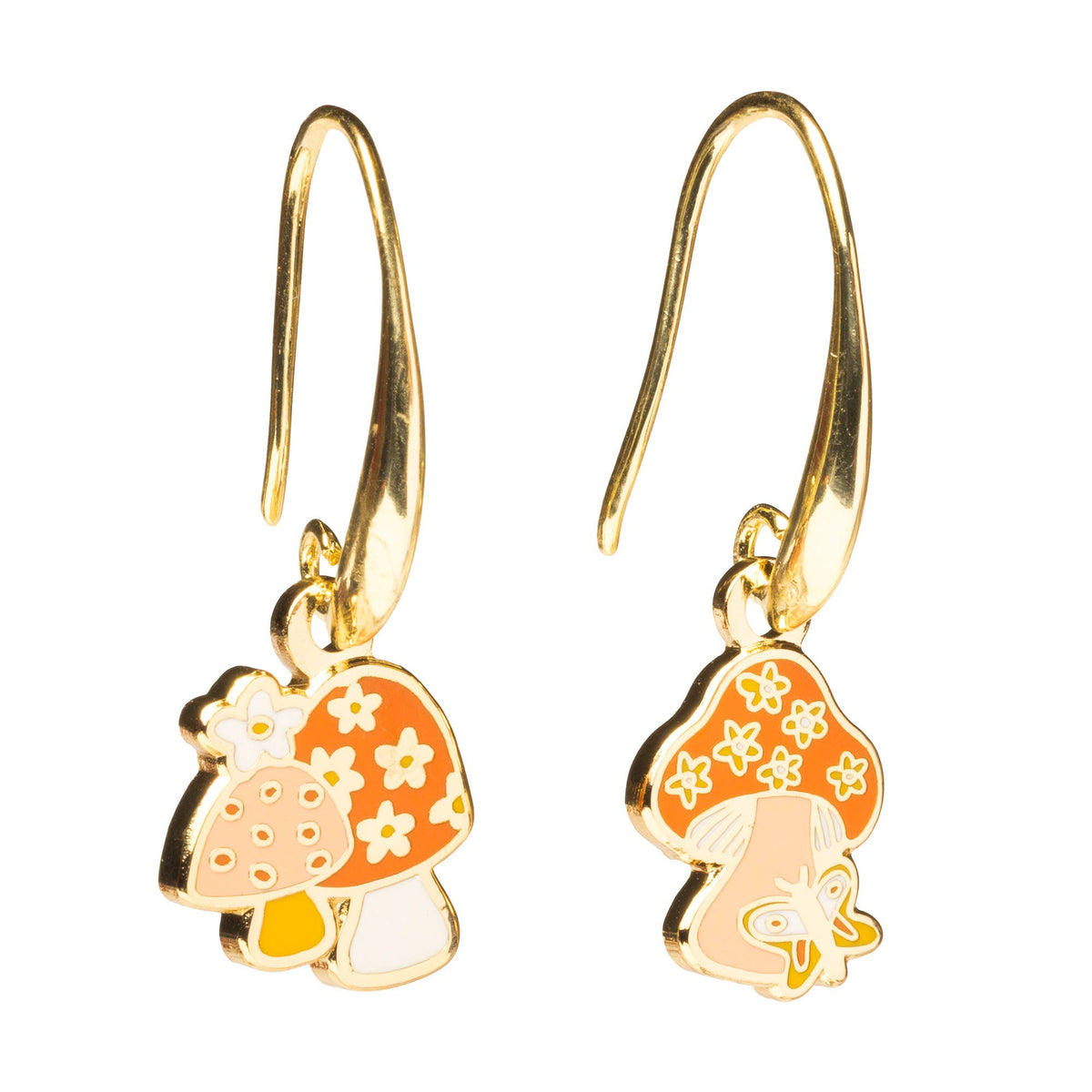 Magic Mushroom Gold Drop Earrings | Psychedelic 70s Jewelry