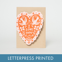 Love Birds Heart Letterpress Greeting Card by Phoebe Wahl