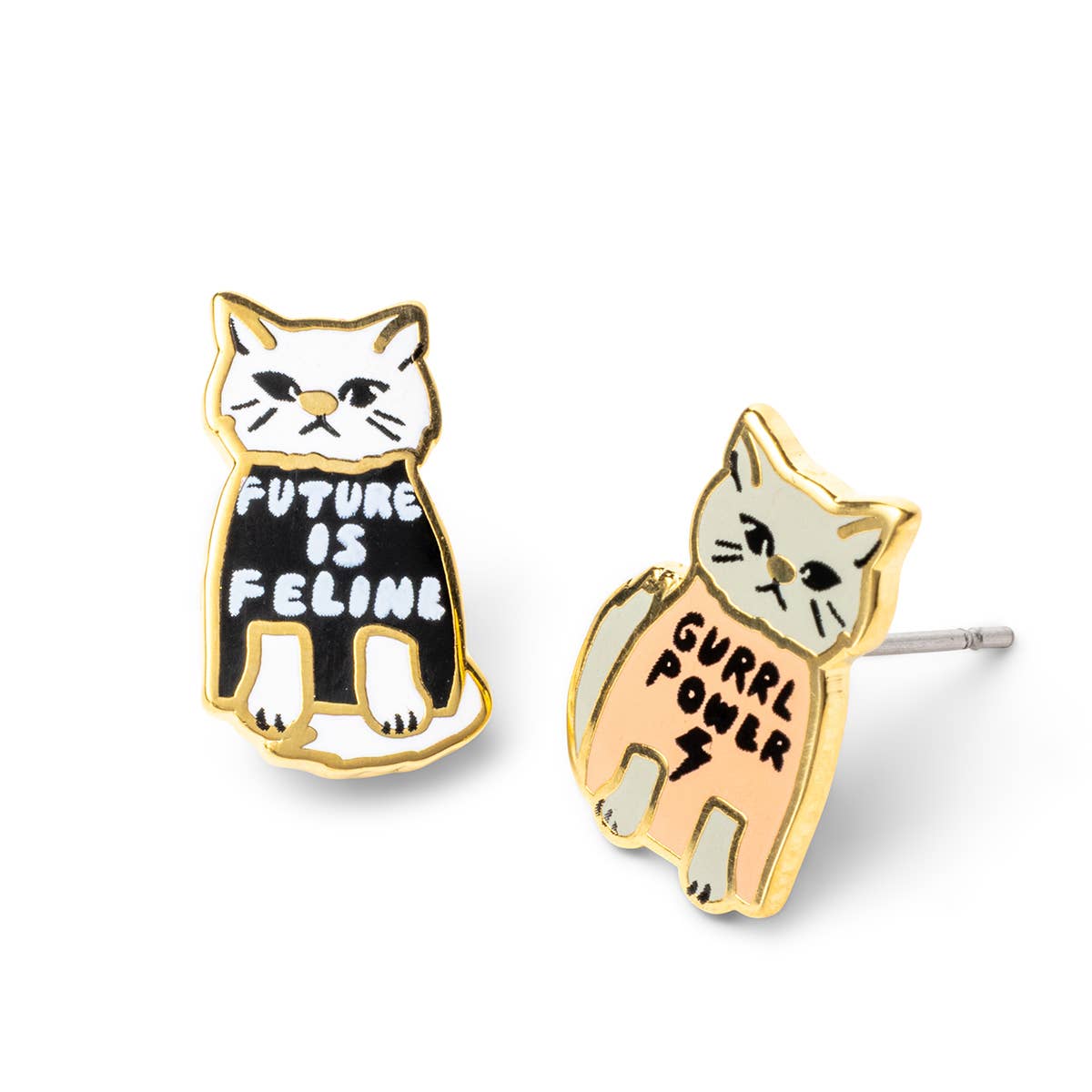 Girl Power Earrings | Cat Lover Mismatched Gold Stud Earring