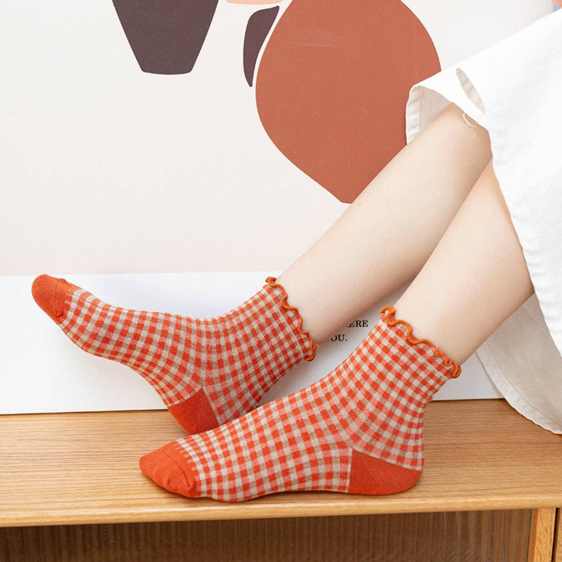 Rufia - Colorful Check Pattern Lace Socks: Orange / One Size