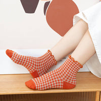 Rufia - Colorful Check Pattern Lace Socks: Orange / One Size