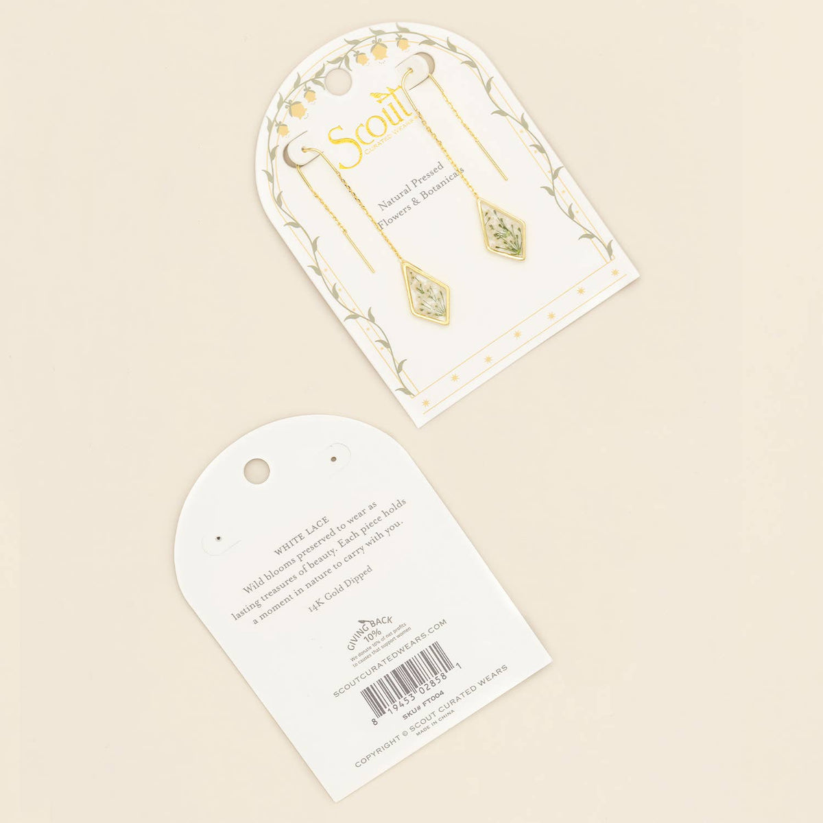 Pressed Flower Thread Earring - White Lace Flower/Gold / Scout